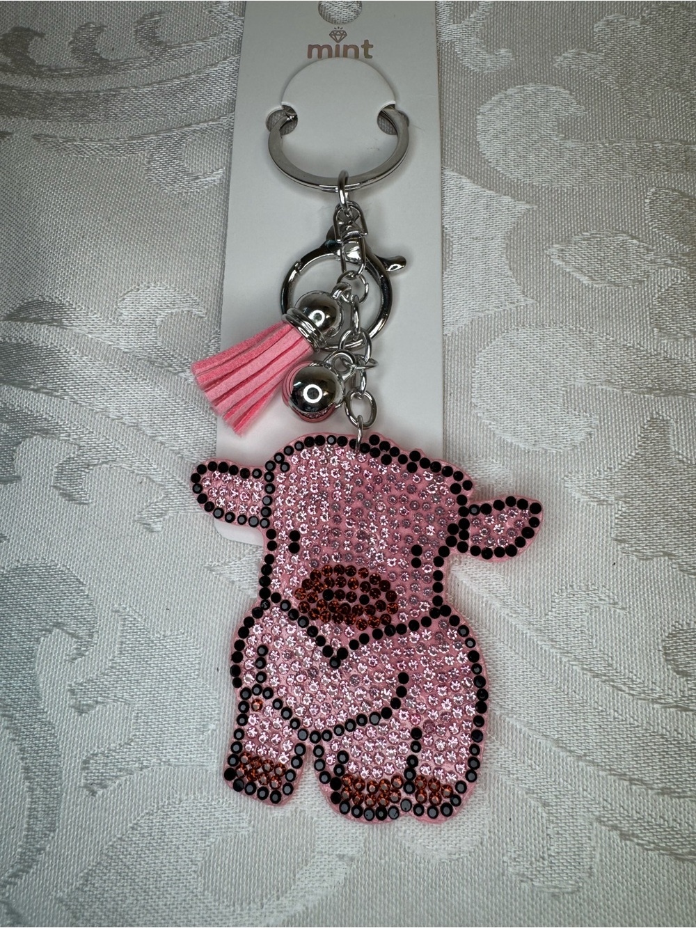 New Mint Pink Crystal Cow Flat Keychain with Tassel